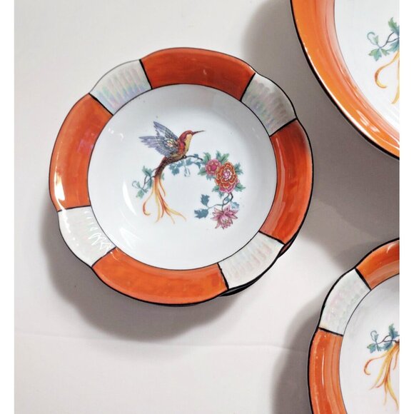 Antique Schwarzenhammer Bavaria Orange Luster Bird Of Paradise 6 Bowl Set - Picture 3 of 12